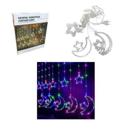041080-2 Κουρτίνα Φωτάκια Χριστουγέννων με Αστέρια και Φεγγάρια Πολύχρωμο Χρώμα 10L 3M– Crystal Christmas Curtain Light with Stars & Moons RGB light
