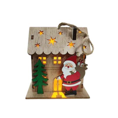 047011 Ξύλινο Σπιτάκι με Φως και Άγιο Βασίλη - Wooden House with Light and Santa