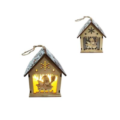 047013-2 Ξύλινο Κρεμαστό Σπιτάκι με Φως και Άγιο Βασίλη 9cm - Wooden Hanging House with Light and Santa