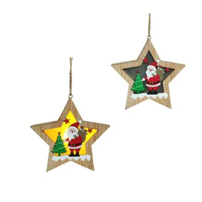047014-2 Ξύλινο Κρεμαστό Αστέρι με Φως και Άγιο Βασίλη 11cm - Wooden Hanging Star with Light and Santa