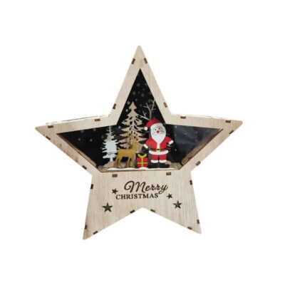 047016 Ξύλινο Αστέρι με Φως και Σχέδιο Άγιου Βασίλη 22cm - Wooden Star with Light and Santa Design