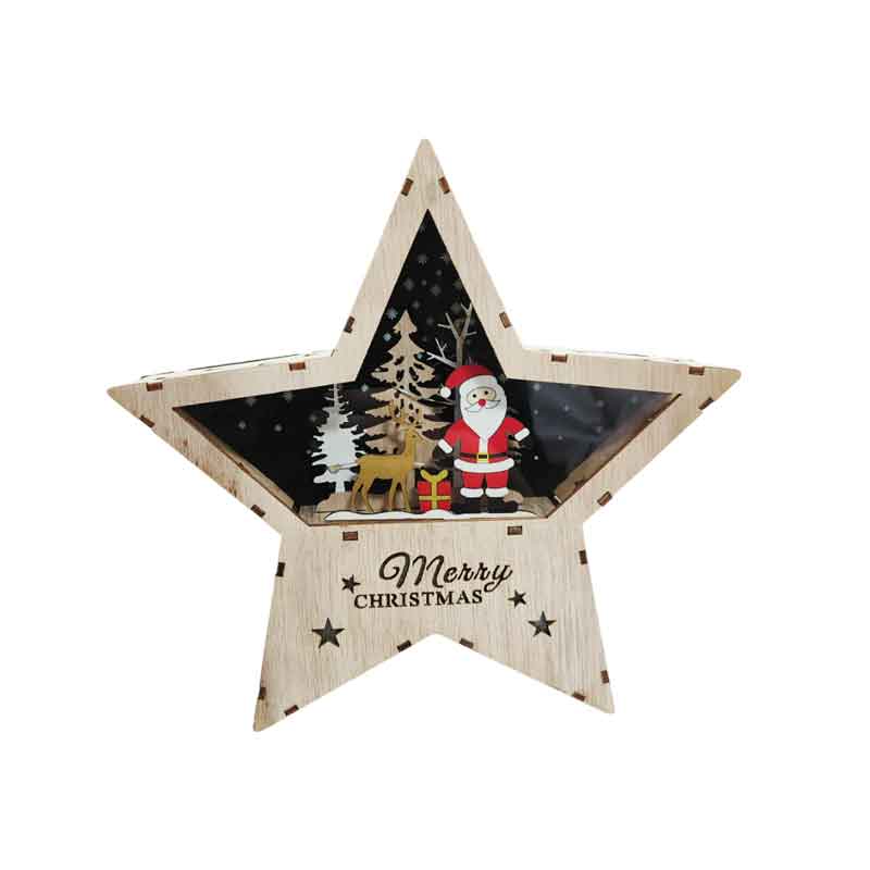 047016 Ξύλινο Αστέρι με Φως και Σχέδιο Άγιου Βασίλη 22cm - Wooden Star with Light and Santa Design