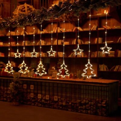 082251 Χριστουγεννιάτικα Φωτάκια Κουρτίνα Δεντράκια & Αστεράκια Θερμό Χρώμα 10L 3M - Christmas decoration lights warm light