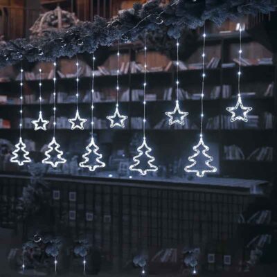 082252-1 Χριστουγεννιάτικα Φωτάκια Κουρτίνα Δεντράκια & Αστεράκια Ψυχρό Χρώμα 10L 3M - Christmas decoration lights white light
