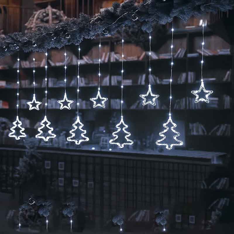 082252-1 Χριστουγεννιάτικα Φωτάκια Κουρτίνα Δεντράκια & Αστεράκια Ψυχρό Χρώμα 10L 3M - Christmas decoration lights white light