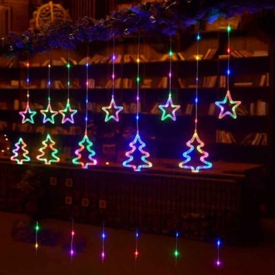 082253 Χριστουγεννιάτικα Φωτάκια Κουρτίνα Δεντράκια & Αστεράκια Πολύχρωμα 10L 3M - Christmas decoration lights RGB