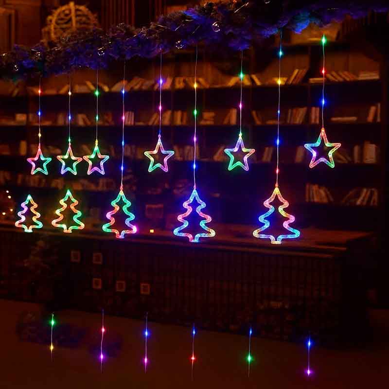 082253 Χριστουγεννιάτικα Φωτάκια Κουρτίνα Δεντράκια & Αστεράκια Πολύχρωμα 10L 3M - Christmas decoration lights RGB