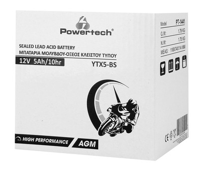 PT-1441-1 POWERTECH μπαταρία μολύβδου μοτοσυκλέτας PT-1441, 12V 5Ah, AGM, YTX5-BS