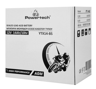 PT-1442-1 POWERTECH μπαταρία μολύβδου μοτοσυκλέτας PT-1442, 12V 14Ah, AGM, YTX14-BS