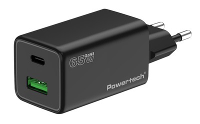 PT-1501-5 POWERTECH φορτιστής τοίχου PT-1501, USB/USB-C, 65W, GaN, μαύρος