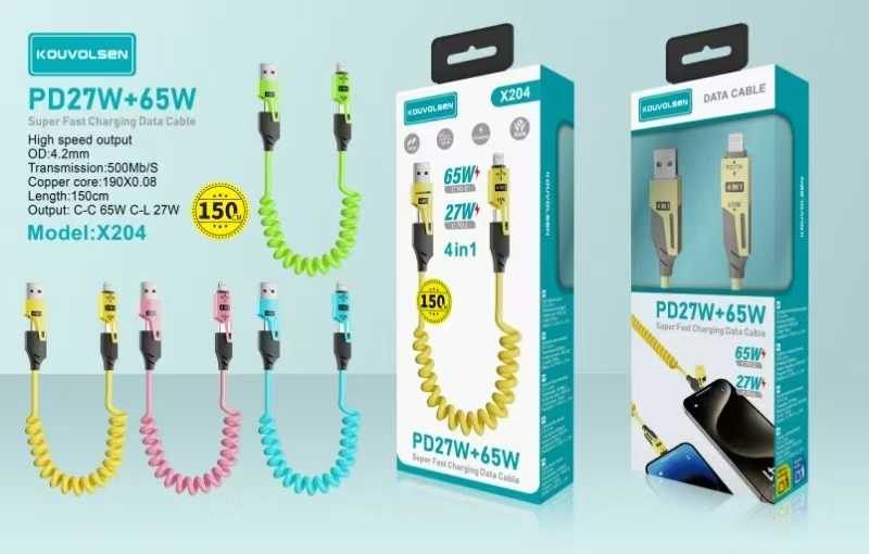 Καλώδιο φόρτισης & data σπιράλ - 4in1 - Fast Charge - X204 - 27-65W - 102048 - Green