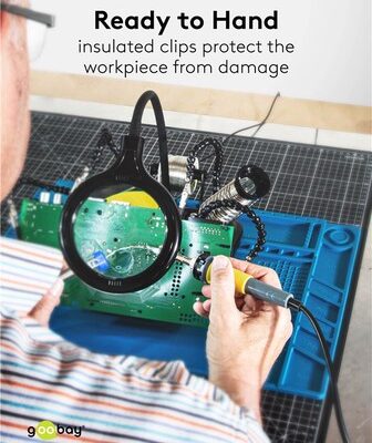 76558-1 GOOBAY βάση στήριξης πλακέτας 76558 με μεγεθυντικό φακό & θέση για κολλητήρι, 4x βραχίονες, μαύρη