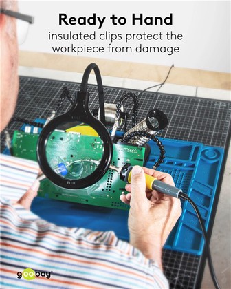 76558-1 GOOBAY βάση στήριξης πλακέτας 76558 με μεγεθυντικό φακό & θέση για κολλητήρι, 4x βραχίονες, μαύρη