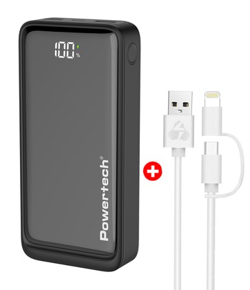 BNDL-0196 POWERTECH power bank PT-1327 με οθόνη & MFi καλώδιο USB σε Micro/Lightning, 20000mAh