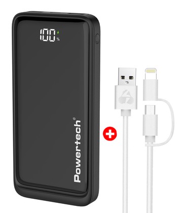 BNDL-0197 POWERTECH power bank PT-1326 με οθόνη & MFi καλώδιο USB σε Micro/Lightning, 10000mAh