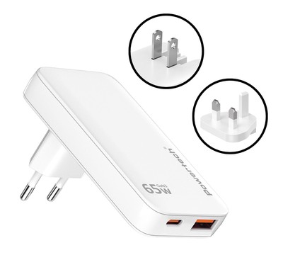 PT-1532 POWERTECH φορτιστής τοίχου PT-1532, EU/UK/CN βύσμα, USB/USB-C, 65W, GaN, λευκός