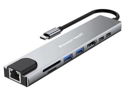 PT-1536 POWERTECH docking station PT-1536, 8 θυρών, USB-C σύνδεση, 87W PD, 100Mbps, γκρι