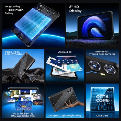 RT3PLUS-BK-1 OUKITEL tablet RT3 Plus, 8", 4/128GB, 4G, 11000mAh, IP68/IP69K, μαύρο
