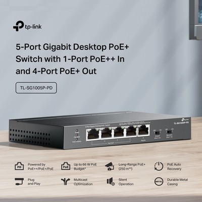 TL-SG1005P-PD-1 TP-LINK desktop switch TL-SG1005P-PD, 5x Gigabit θύρες, PoE+, UN/1.0