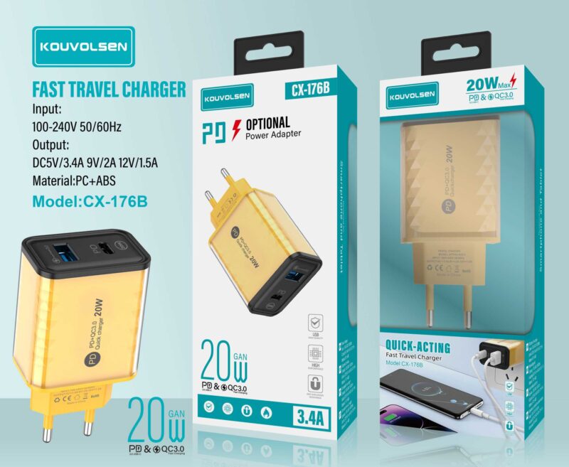 Αντάπτορας φόρτισης Fast Charge με 2 θύρες USB-A & Type-C - 20W - CX-176B - 271764